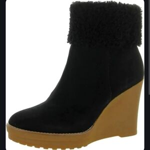 Ralph Lauren Black Suede Shearling Cuff Wedge Ankle Boots